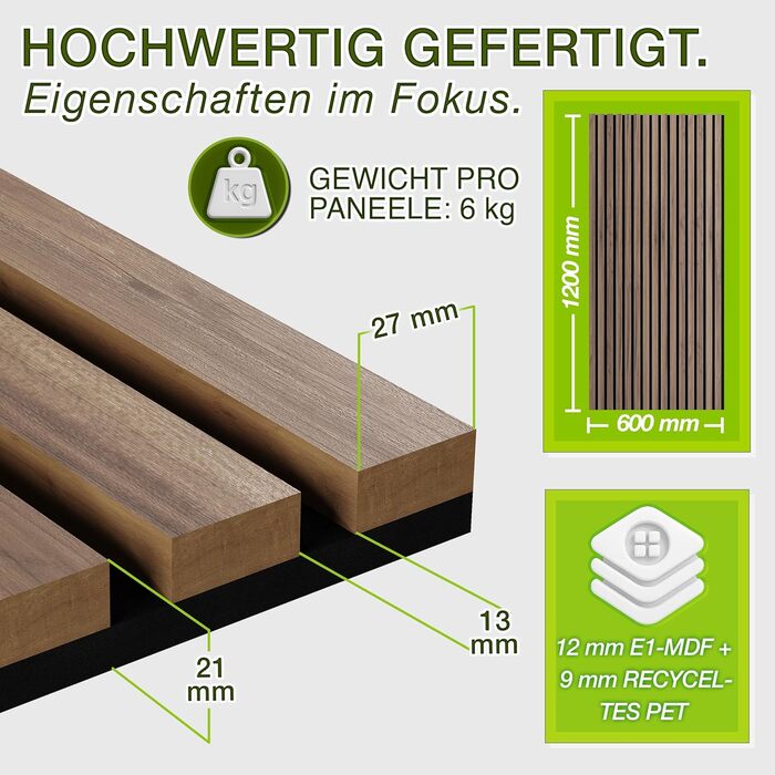 Акустичні панелі TRESKO з дерева 120×60x2,1 см, 3D ламельна стіна для шумоізоляції з вішалками для одягу, дуб натуральний (4 шт.)