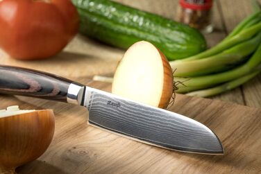 Ніж Santoku ZEUß з дамаської сталі (24 см) - професійний кухонний ніж з дамаської сталі 67 шарів, з точильним каменем, дерев'яною ручкою, захистом леза та подарунковою коробкою (сірий)
