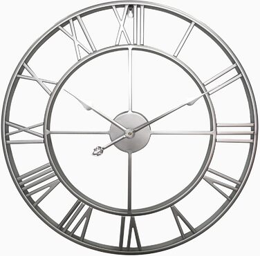 Samilito Large Wall Clock in Vintage Style, Round, Silent. Free with it: ONE extra set of black clock hands. Metal clock for Loft, Living Room, Bedroom and Kitchen decoration (60 cm, Silver)