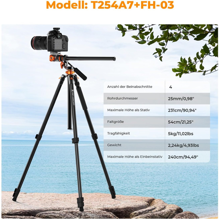 Штатив для камери K&F Concept T254A7+BH-28L, 231 см, професійний, з рідинною головкою