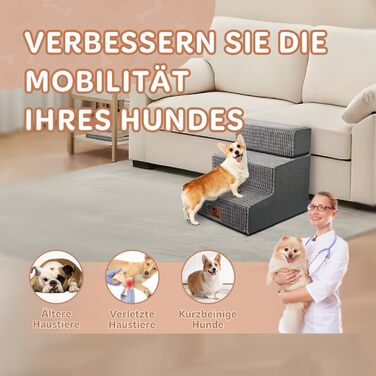 Sytopia dog stairs 40 cm high, 3 steps, dog stairs for bed sofa for small dogs, pet stairs washable, foam stairs, for injured older dogs (34cm height, Grey)