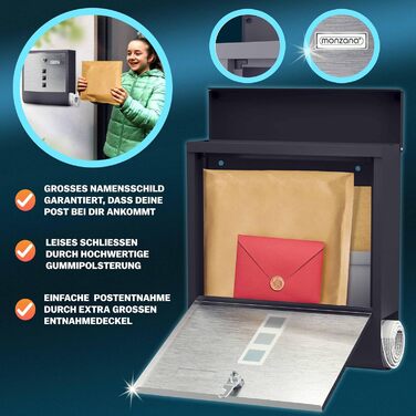 Поштовий ящик Monzana Kreuzschloss з мідним циліндром, поворотна кришка 31x10x34 см, вікно, табличка для імені, відділення для газет, сталь, 2 ключі, чорно-срібний