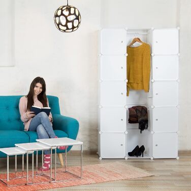 Relaxdays Clothes Rack System with 11 Compartments, Wardrobe with 2 Clothes Rails, DIY Plastic Plug-in Shelf, White