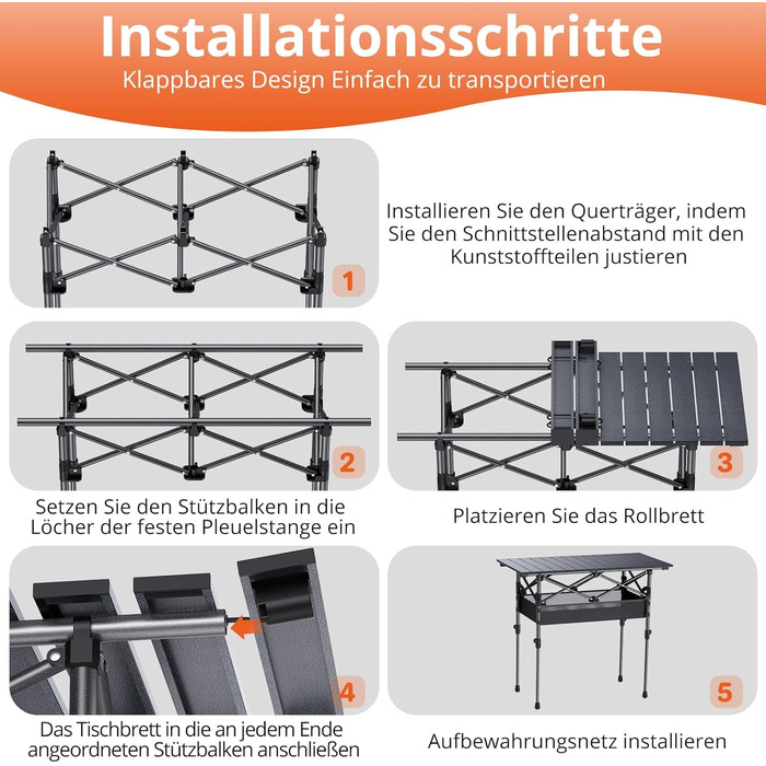 Складаний туристичний стіл FUNYKICH 82x40 см з регулюванням висоти (44/70 см), з сітчастою кишенею, для пікніка, кемпінгу, BBQ, саду