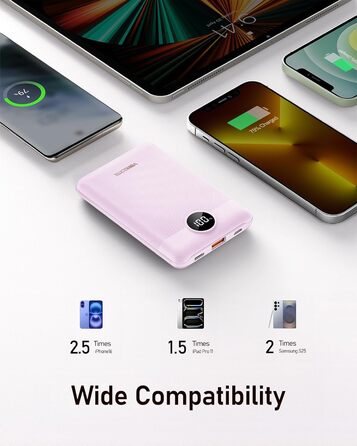 Powerbank VEEKTOMX 10000mAh з підтримкою PD3.0 та QC3.0: компактний зовнішній акумулятор для iPhone, iPad, Samsung Galaxy, Huawei, Xiaomi, OnePlus та інших пристроїв. Білий (лавандово-фіолетовий)