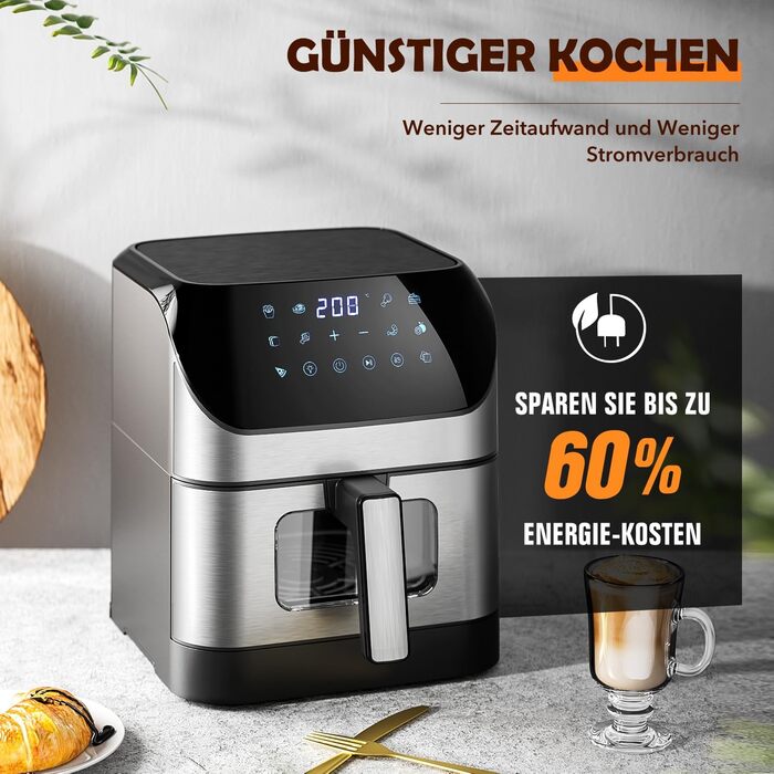 Фритюрниця повітряна 8L з цифровим LED-дисплеєм та вікном, 10-в-1, без масла, здорове приготування їжі