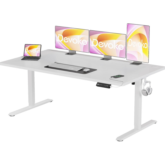Devoko Adjustable Height Desk, Electric Standing Desk with Desktop - 73-118cm, 2 Memory Settings, Office Desk, Collision Detection (White, 160x60cm)