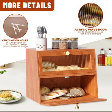 Дерев'яний хлібниця великого об'єму, 2-ярусний, для кухні, стиль хата, з акриловим вікном (колір: коричневий)