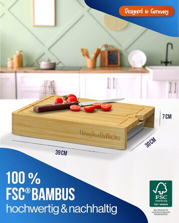 HaushaltsFuchs® Premium 100% FSC® Bamboo Cutting Board with Large Catch Basin, Phone Holder & Juice Groove – XXL Wooden Cutting Board with Stainless Steel Catch Basin - Cutting Board with Tray/Bowl (non-slip)