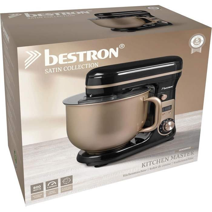 Кухонна машина Bestron Super Silent (65db) з DC-двигуном, 6 літрів, з набором насадок (міксер, гак для тіста, вінчик), 6 швидкостей + Pulse, колір: бежевий