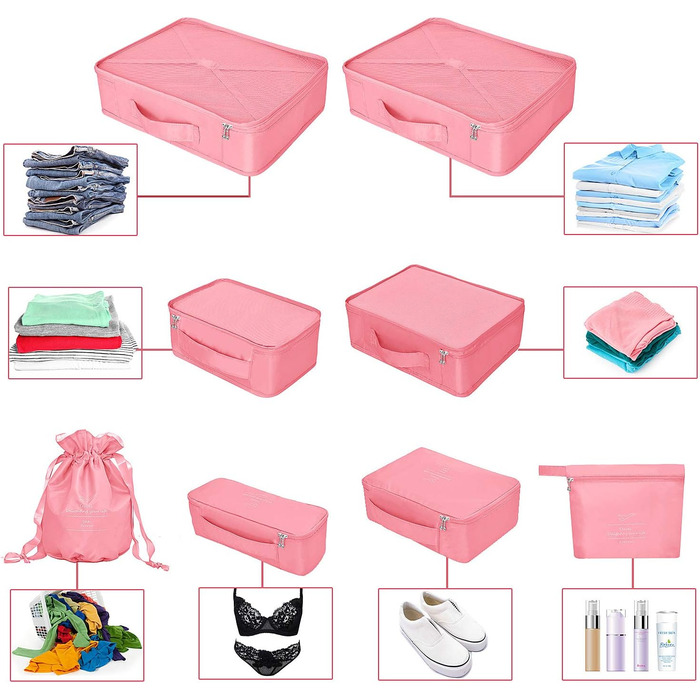 Органайзери для валізи: 8 комплектів, 7 кольорів. Організатори для подорожей, водонепроникні мішки для взуття, компресійні мішки. (Персиковий рожевий)