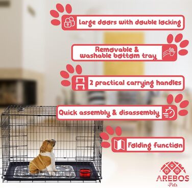 Клітка для собак Arebos | Транспортний бокс для собак, розкладний | Клітка-бокс для собак з 2 дверцятами | Клітка для собак в авто, для дому (63 x 45 x 51 см)