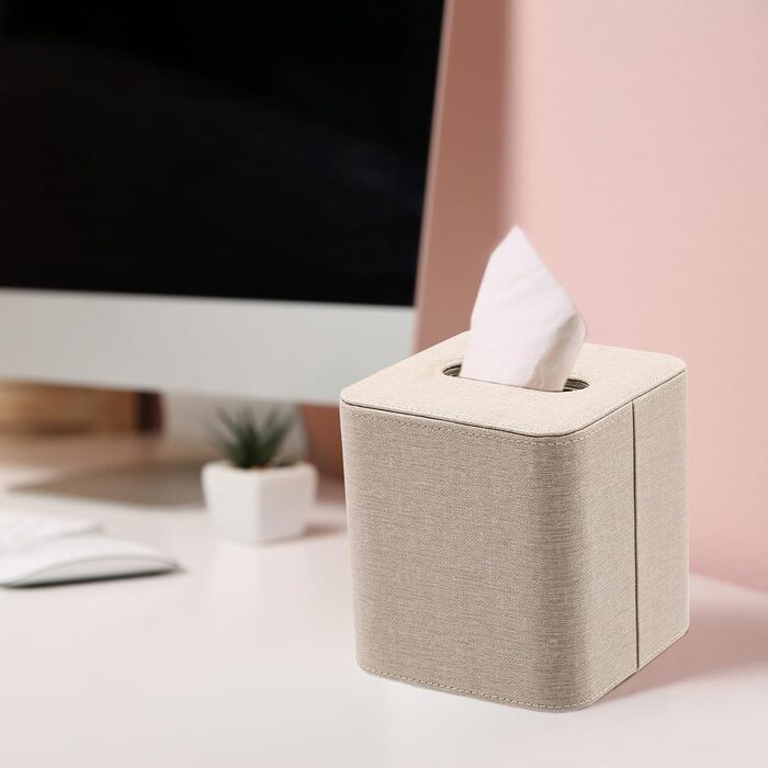 Tissue Box, Square Cosmetic Tissues, Tissue Box Square Tissue Box, for Dresser Bathroom Dining Room Hotel Cars Office Decor, 12 x 12 x 12.7 cm (Beige)
