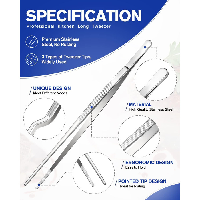 Набір кухонних пінцетів 10 дюймів, професійний, з нержавіючої сталі, для приготування, декорування та BBQ