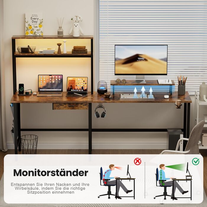 Ігровий стіл кутовий 150x100 см з 3 розетками та 2 USB, зворотний, з LED підсвіткою, з ящиками та підставкою для монітора. Колір: коричневий.