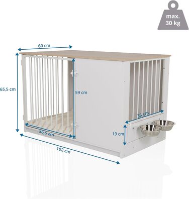 PAWHOME XL Клітка для собак, 102x60x66 см, білий/дуб, з мисками, до 30 кг