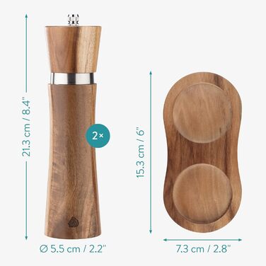 Navaris Salt and Pepper Grinder Set - Spice Grinder Dispenser for Spices - Salt and Pepper Shakers made of Wood - with Tray - for Grinding - Refillable