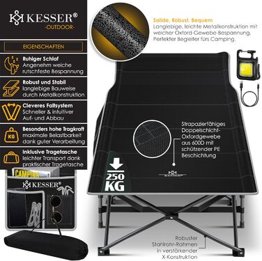 Кемпінгове ліжко KESSER® розкладне, металеве, чорне, 190 см з сумкою та ліхтарем