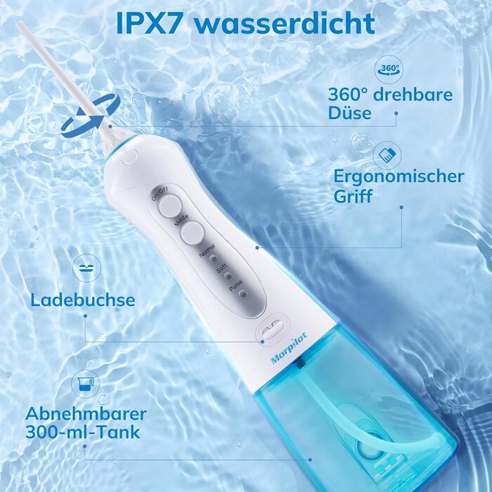 Електрична зубна нитка Morpilot Munddusche: 3 режими, 4 насадки, 300 мл, USB, IPX7, блакитна