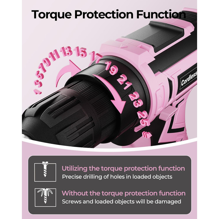 Акумуляторний дриль-шуруповерт 21V з 2 акумуляторами 2000mAh, 45Nm, 2 швидкості, 25+3 ступені крутного моменту, патрон 10мм, 27 предметний набір та кейс для дому та DIY (рожевий)