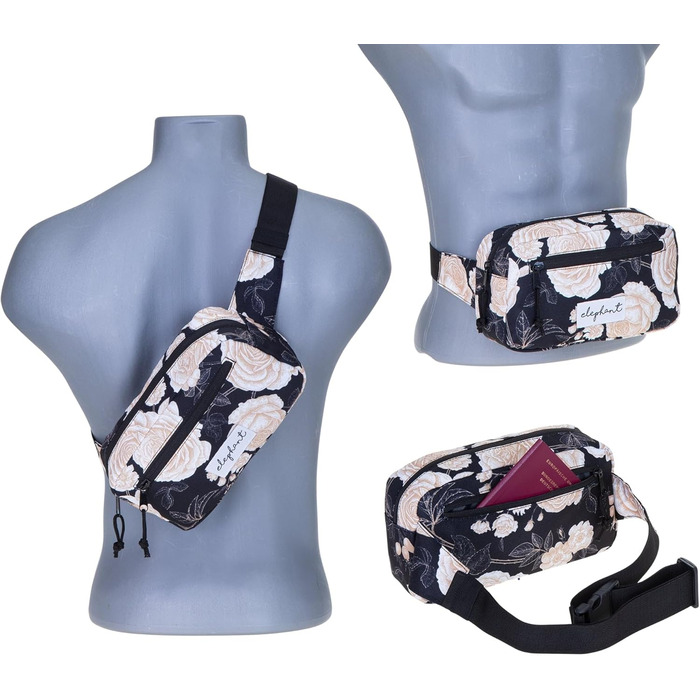 Сумка на пояс (фенні-пак) для жінок та чоловіків, велика, чорна з квітковим принтом, 13021