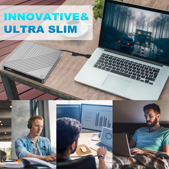 Зовнішній CD/DVD привід USB 3.0 Type-C з картридером SD/TF, портативний RW-записувач для ноутбука, ПК, MacBook (Windows, macOS, Linux), сірий