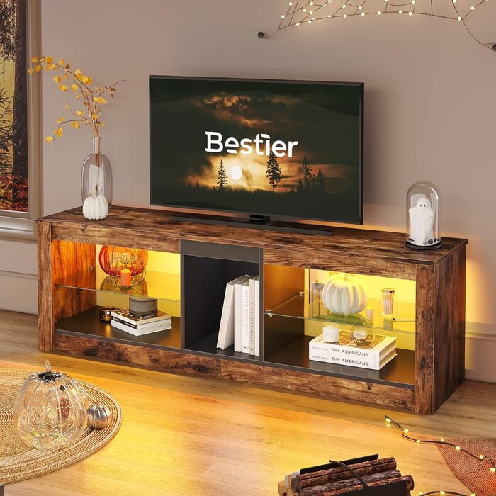 ТВ-тумба Bestier для телевізорів до 65 дюймів, 140×35×47 см, з LED-підсвіткою, кабель-менеджментом, скляною полицею, коричнева