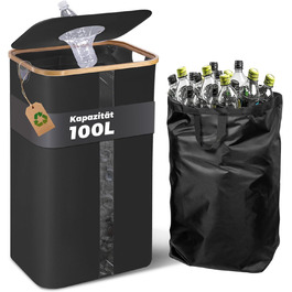 Laundry basket with 2 compartments, deposit bottle collection container with lid, container for deposit bottles & glass recycling & paper waste, deposit bottle container bamboo with bag, must-have (Black - visualization, 100L)