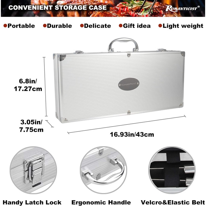 Набір інструментів для гриля Romanticist 20 шт. у кейсі - професійний аксесуар для приготування на грилі, барбекю, кемпінгу та копчення