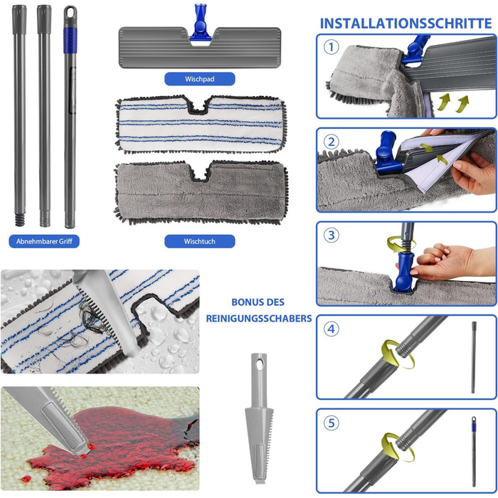 Myiosus Mop, Floor Wiper, Chenille Flat Mop with 4 Double-Sided Cleaning Pads, 127cm Mop with 360° Swivel Head, Microfiber Floor Wiper Set for Hardwood, Laminate, Tile, Includes 1 Scraper