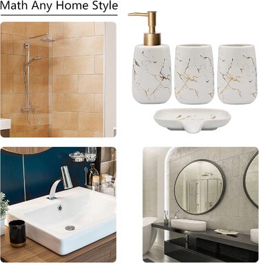 Набір аксесуарів для ванної кімнати з кераміки (4 шт): дозатор мила, тримач для зубних щіток, чашка, мильниця (білий)