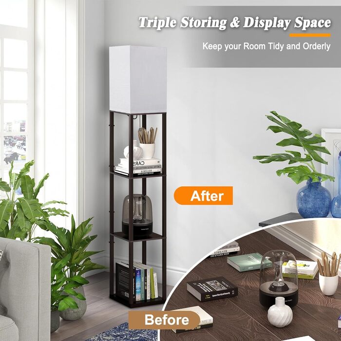 Світлодіодна торшер з дерева, 1.6м, з цоколюванням E27 (3000K-5000K), ретро торшер з 3 полицями, 3 колірні температури, настільна лампа з абажуром для спальні, кута, вітальні, офісу (коричневий)