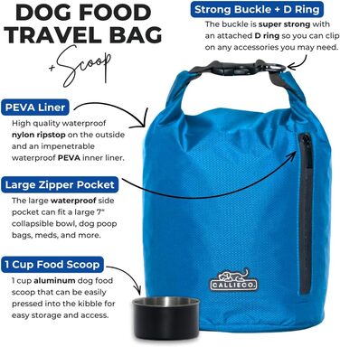 Сумка для корму для собак Callieco з міркою та кишенькою, водонепроникний контейнер для дому, подорожей, кемпінгу, 64 порції (Блакитний)