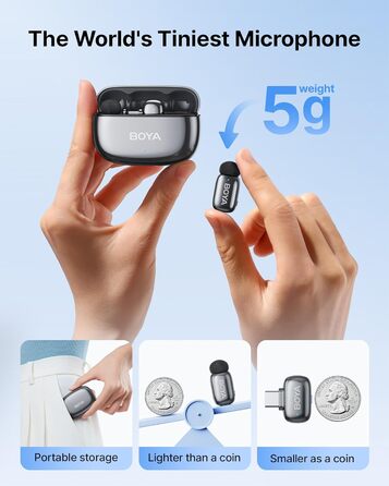 BOYA MINI 2: Портативний мікрофон з USB-C, 48kHz/24Bit, 100м, 30год, для iPhone, Android, Vlogging, YouTube, інтерв'ю (Space Silver)