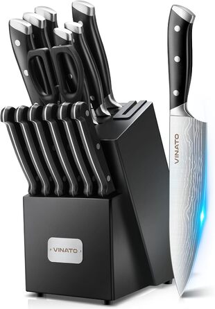 VINATO 14-Piece Knife Block Set with Sharpener - Damascus Pattern Kitchen Knife Set - Professional Chef's Knife Set, Black