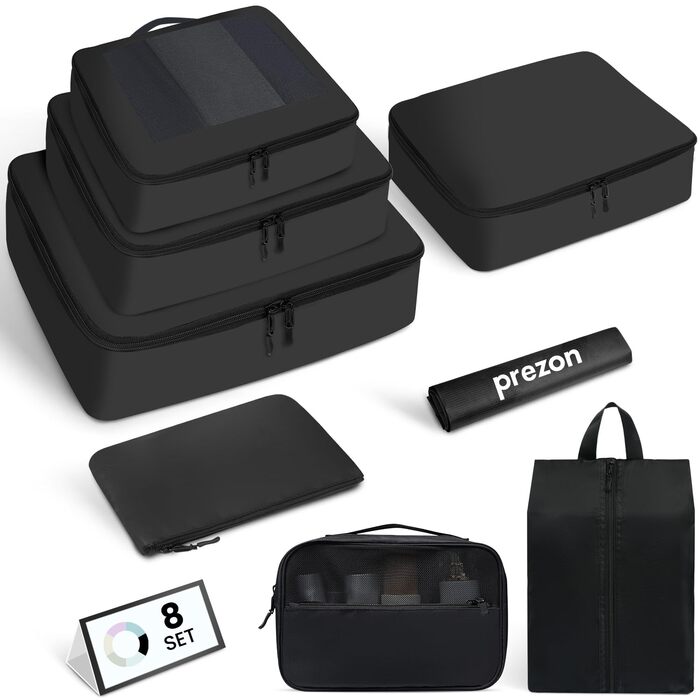 Органайзери для валізи Prezon, набір 8 шт, чорні, легкі, для подорожей