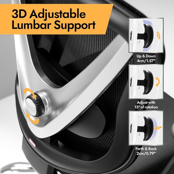 Ергономічне офісне крісло HOLLUDLE з 3D-підтримкою попереку та регульованими підлокітниками, V-подібна спинка, чорне