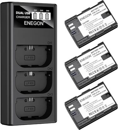 Акумулятор ENEGON LP-E6 (3x3000mAh) з зарядним пристроєм на 3 слоти LCD, сумісний з Canon EOS 5D, 5D Mark II, 6D, 7D, 60D, 70D, 80D, 90D, XC10, XC15