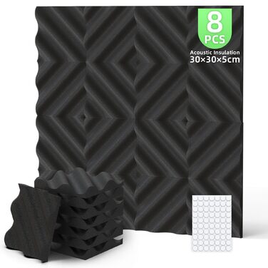 Акустичний поролон Foneso для звукоізоляції, панелі-поглиначі шуму 30x30x5 см, висока щільність 25кг/м³, хвилястий візерунок, чорний (8 шт.) для студії, офісу та кімнати запису