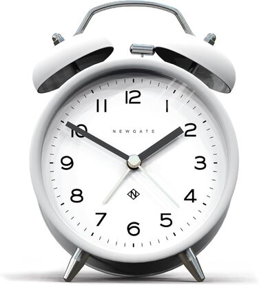 NEWGATE ® Charlie Bell Echo Alarm – Small Modern Nightstand Alarm Clock – Bedroom Accessory – Alarm Clock – Desk Accessory – Nightstand Clock – Arabic Numerals (White)