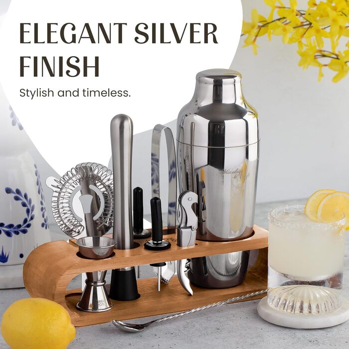 Stainless Steel Cocktail Shaker Set - 10 Piece Mixology Set with Bamboo Stand - Silver Bar Accessories Gift Set