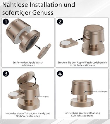 База для бездротової зарядки 4-в-1 для iPhone 17/16/15/14 Pro Max з нічним світлом, сумісна з Apple Watch та AirPods (Золота)