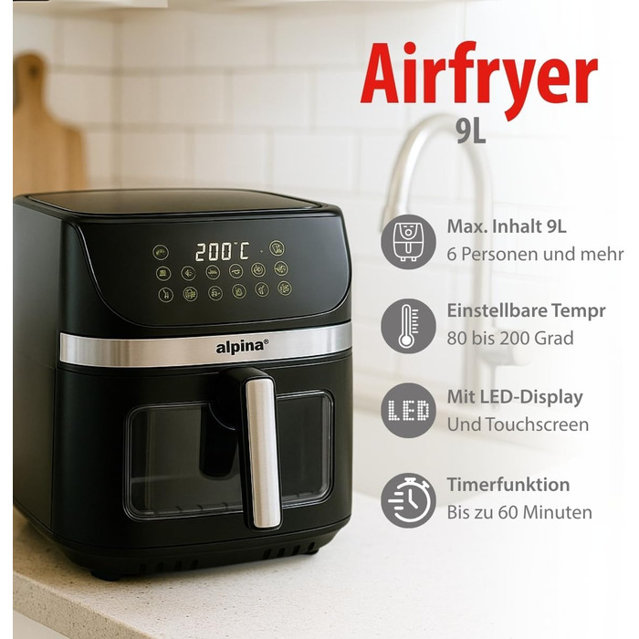 Фритюрниця Alpina Heißluft XXL: Airfryer на 4-6 осіб, 1800W, 9L, цифровий дисплей, таймер 2 год