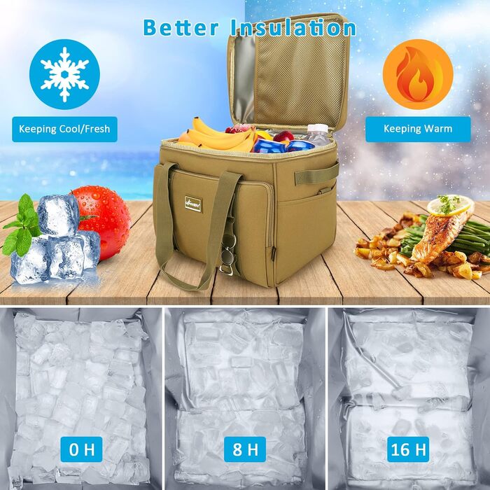 UPEELIFE Cooler Bag 24L, Large Foldable Lunch Bag Insulated Bag, Waterproof Picnic Bag Cooler Bag with Shoulder Strap for Picnic BBQs Shopping Beach Camping (Khaki)