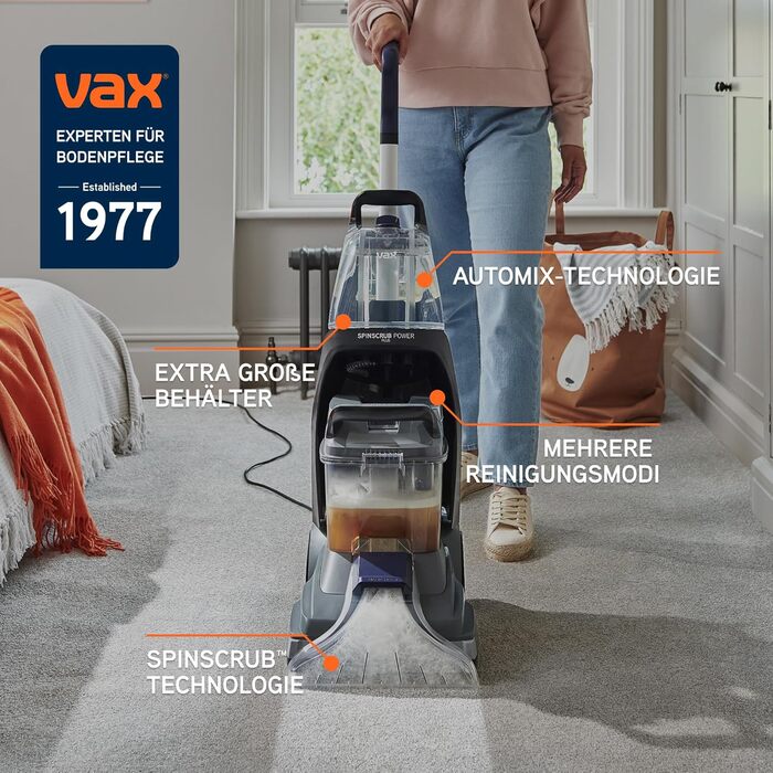 Vax SpinScrub Power Plus: Чистий дім без зусиль! Потужний мийник для килимів та м'яких меблів з технологією SpinScrub, XL-резервуар, швидке висихання та ефективне видалення плям. Підходить для дому.
