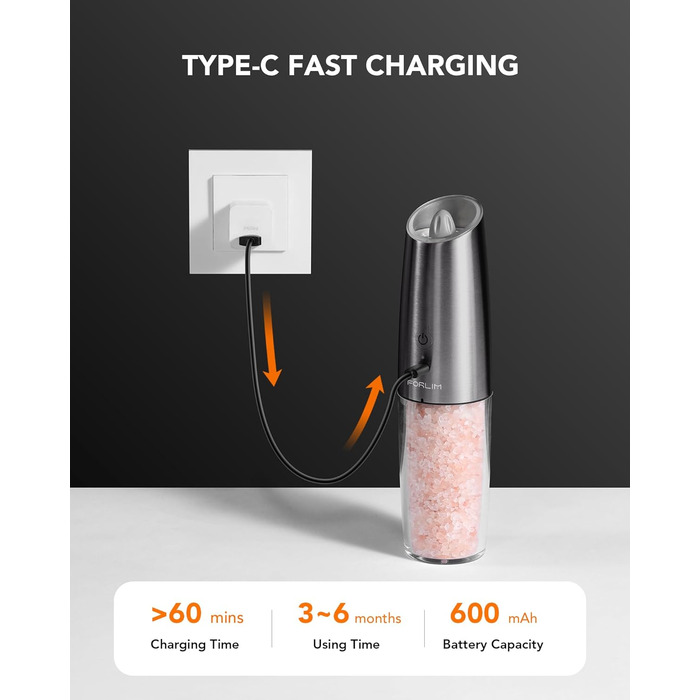 Електрична млинок для перцю та солі FORLIM з USB-зарядкою, 9oz, нержавіюча сталь, світлодіод, автоматичне помел, регулювання помолу, гравітаційний, металевий колір Gunmetal, набір