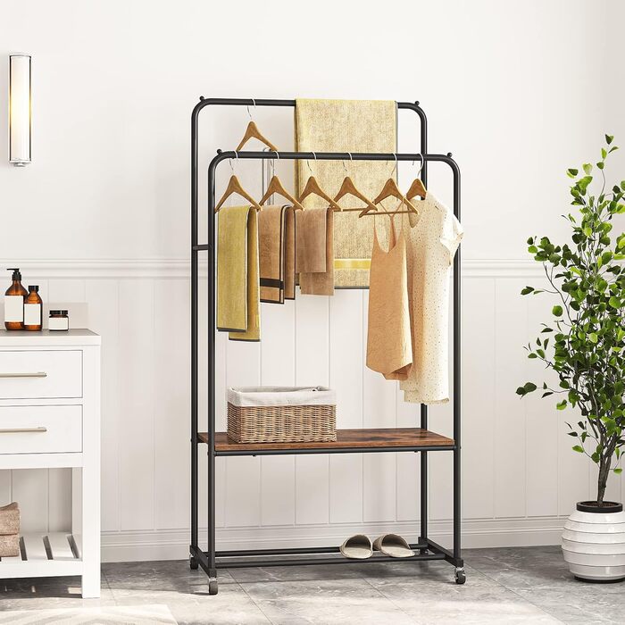HOOBRO Clothes Rack with Wheels, Heavy Duty Clothes Rod, Garment Rack with 2 Clothes Rods and Shelf, Up to 100 kg Load Capacity, for Bedroom, Hallway, Dark Brown-Black EBF22LY01