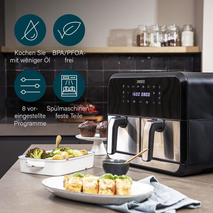 Princess Double Chamber Air Fryer with 2x4L Capacity – 62.2% Less Energy Consumption – Separate Temperatures for 2 Compartments – 8 Programs – 182074, 1700 Watts, 38.4 x 37.4 x 30.8 cm 2x4L Double Chamber Air Fryer Silver