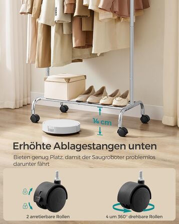 SONGMICS Clothes Rack with Wheels, Extendable Clothes Rod, Garment Rack Made of Steel Pipes, Elevated Storage Rod, 40 x (83-120) x 156 cm, Cloud White HSR134W01 (Silver)