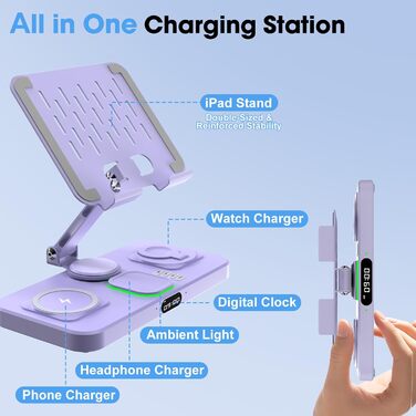 Багатофункціональна бездротова зарядка 6-в-1 для Apple: iPhone, iPad, Apple Watch (фіолетовий) з підсвіткою та регульованим підсвіткою